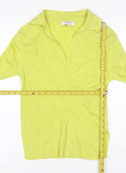 Autograph Women Yellow XS 100% Cashmere Ribbed Collared V-Neck Jumper