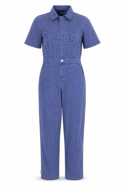 Zara Women’s Blue Cotton Utility Jumpsuit Size M Collared Long Sleeve