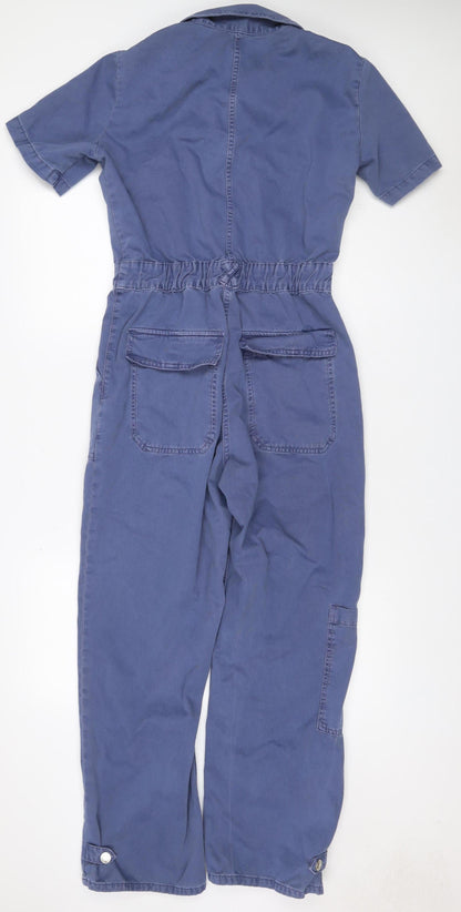 Zara Women’s Blue Cotton Utility Jumpsuit Size M Collared Long Sleeve