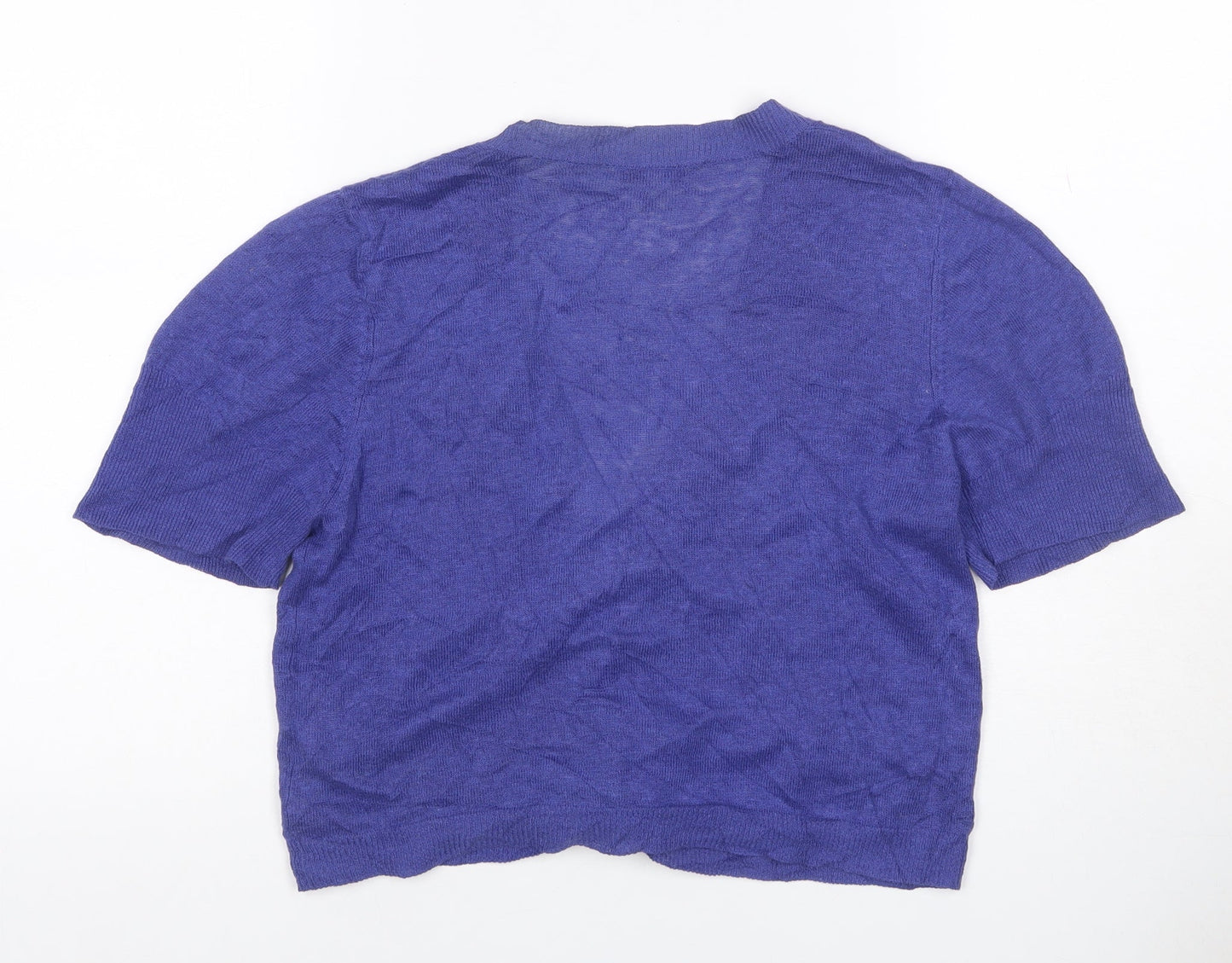 East Women’s Purple Linen Cotton Short Sleeve V-Neck Cardigan Size 12
