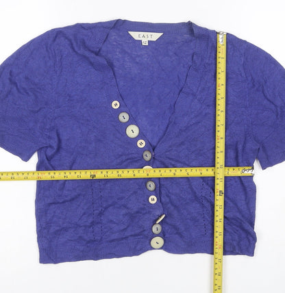 East Women’s Purple Linen Cotton Short Sleeve V-Neck Cardigan Size 12