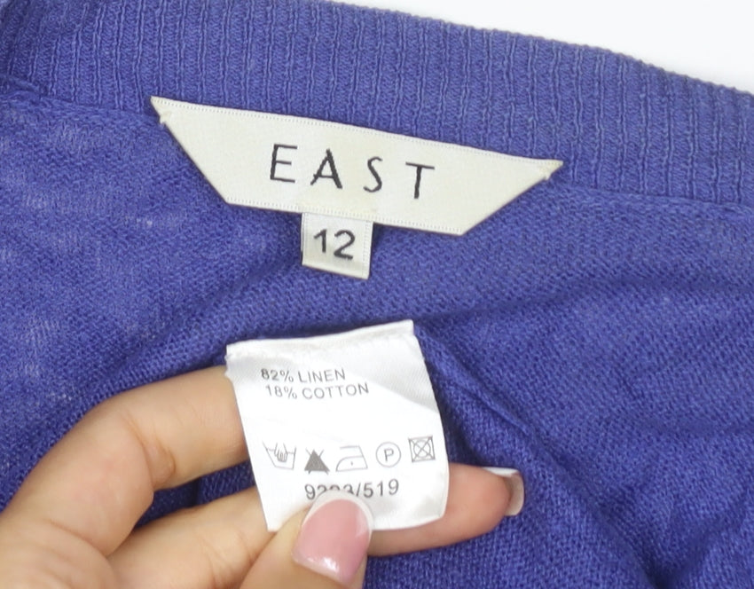 East Women’s Purple Linen Cotton Short Sleeve V-Neck Cardigan Size 12