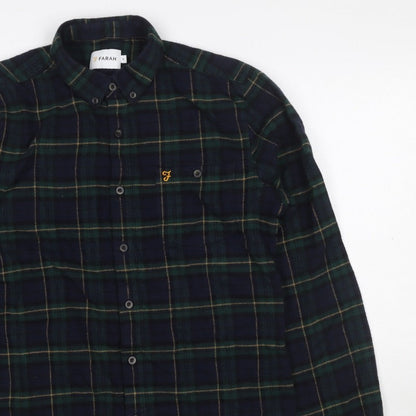 Farah Men Blue Green M Button-Down Plaid Flannel Long Sleeve Shirt