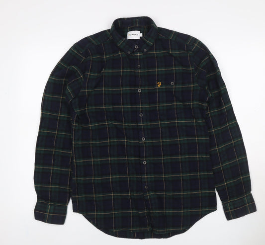 Back view of Farah Men Blue Green M Button-Down Plaid Flannel Long Sleeve Shirt