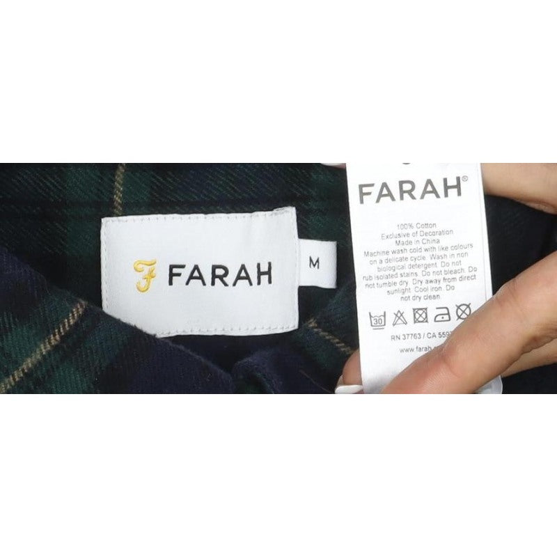 Farah Men Blue Green M Button-Down Plaid Flannel Long Sleeve Shirt
