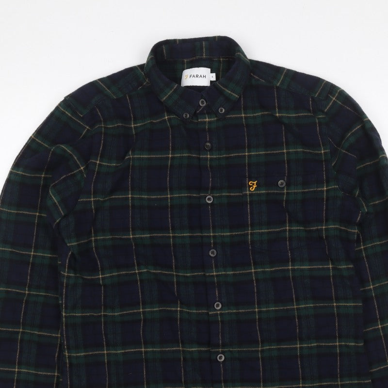 Farah Men Blue Green M Button-Down Plaid Flannel Long Sleeve Shirt