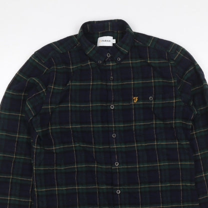 Farah Men Blue Green M Button-Down Plaid Flannel Long Sleeve Shirt
