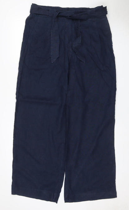 M&S Women’s Blue Linen Wide-Leg Trousers Size 16 Long Pockets