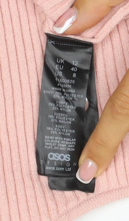 ASOS Design Women Pink UK 12 Rib Knit Button 3/4 Sleeve Cardigan