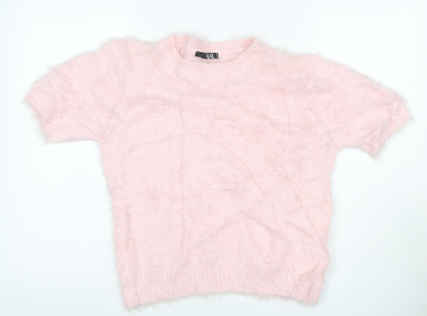 Quiz Women Pink M Fluffy Knit Short Sleeve Crew Neck Pullover Jumper