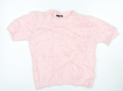 Quiz Women Pink M Fluffy Knit Short Sleeve Crew Neck Pullover Jumper