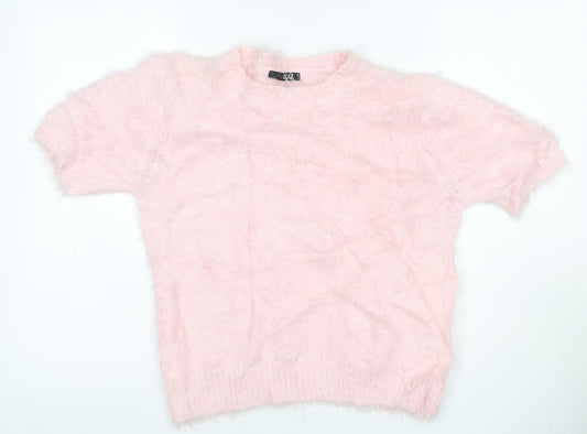 Quiz Women Pink M Fluffy Knit Short Sleeve Crew Neck Pullover Jumper