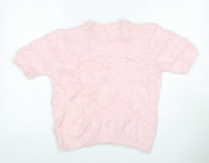 Quiz Women Pink M Fluffy Knit Short Sleeve Crew Neck Pullover Jumper