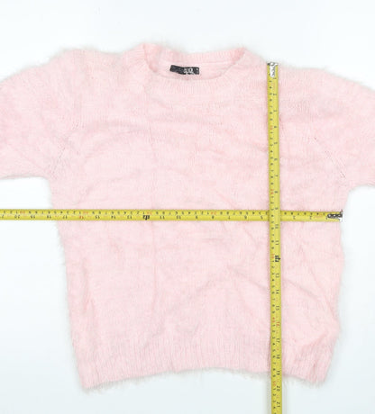Quiz Women Pink M Fluffy Knit Short Sleeve Crew Neck Pullover Jumper