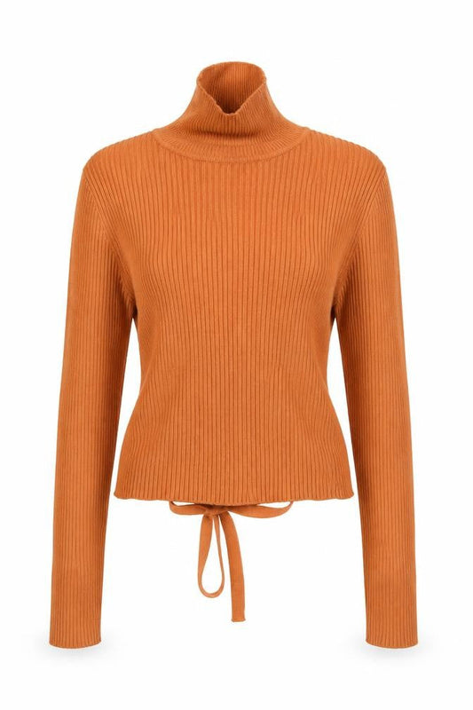 Zara Women Orange S Rib Knit Roll Neck Lace-Up Back Jumper