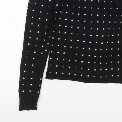 River Island Women Black UK 6 Basic Studded High Neck Long Sleeve Top