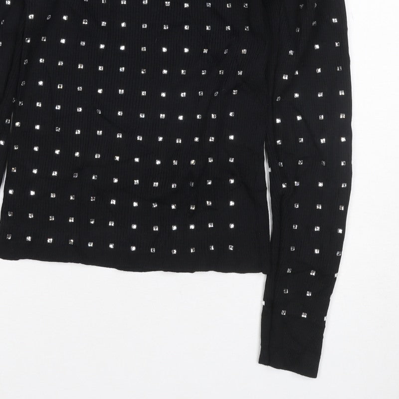 River Island Women Black UK 6 Basic Studded High Neck Long Sleeve Top