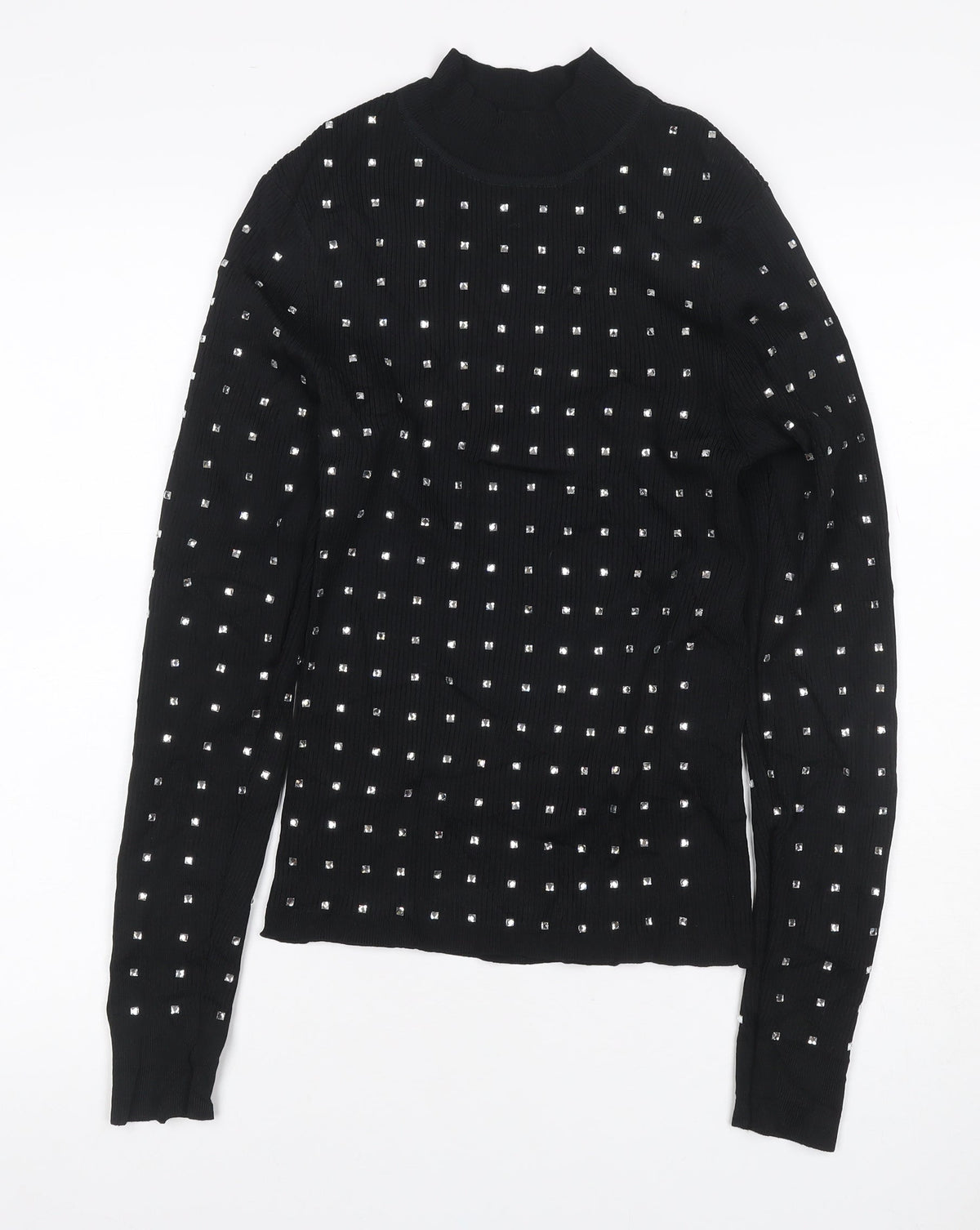 River Island Women Black UK 6 Basic Studded High Neck Long Sleeve Top