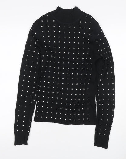 River Island Women Black UK 6 Basic Studded High Neck Long Sleeve Top