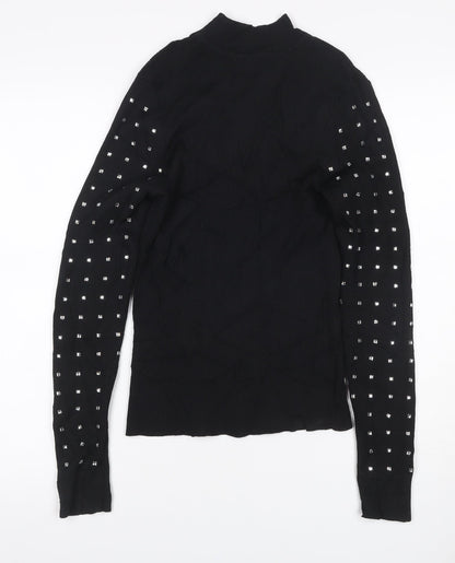 River Island Women Black UK 6 Basic Studded High Neck Long Sleeve Top