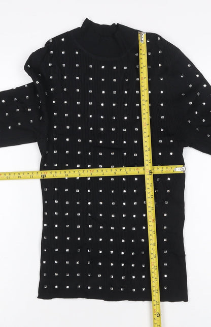 River Island Women Black UK 6 Basic Studded High Neck Long Sleeve Top