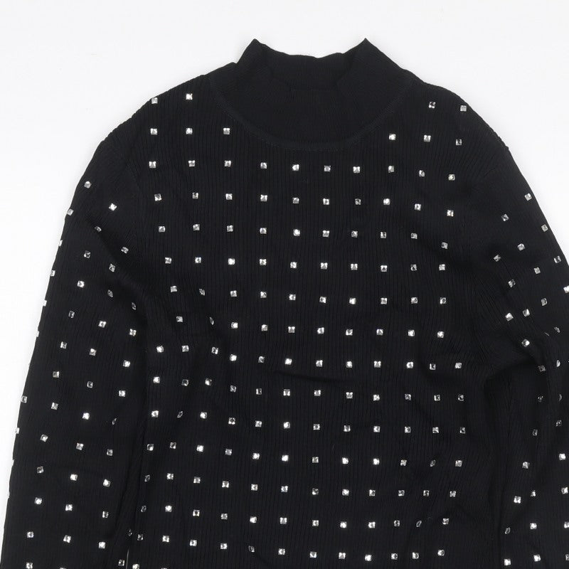 River Island Women Black UK 6 Basic Studded High Neck Long Sleeve Top