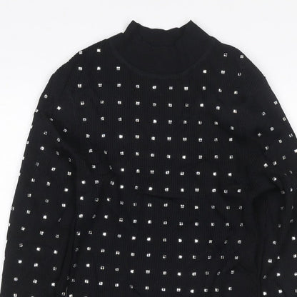 River Island Women Black UK 6 Basic Studded High Neck Long Sleeve Top