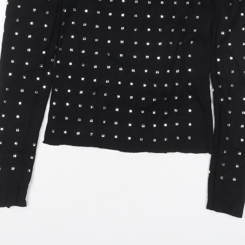 River Island Women Black UK 6 Basic Studded High Neck Long Sleeve Top