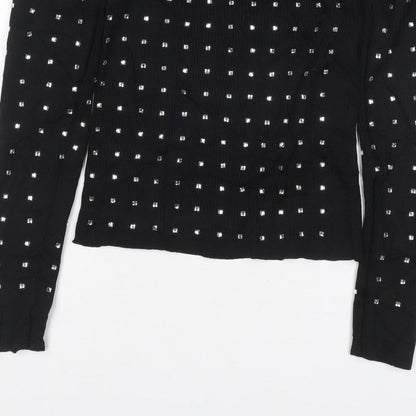 River Island Women Black UK 6 Basic Studded High Neck Long Sleeve Top