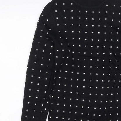 River Island Women Black UK 6 Basic Studded High Neck Long Sleeve Top
