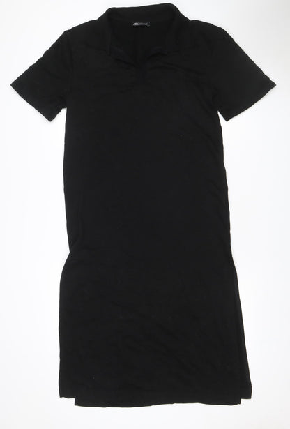 Zara Women Black S Sheath Knee Length V-Neck Stretch Dress