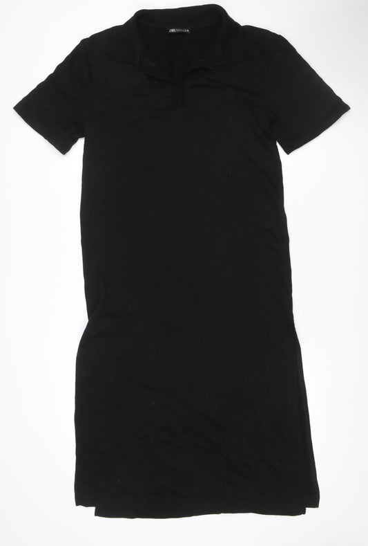 Zara Women Black S Sheath Knee Length V-Neck Stretch Dress