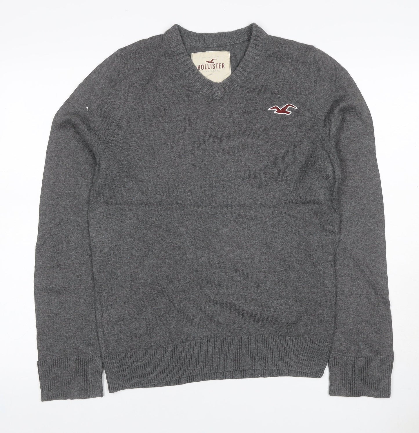Hollister Men's Grey L V-Neck Logo Cotton Blend Pullover Jumper