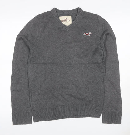 Hollister Men's Grey L V-Neck Logo Cotton Blend Pullover Jumper