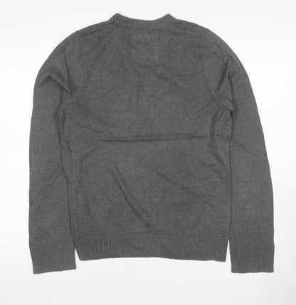 Hollister Men's Grey L V-Neck Logo Cotton Blend Pullover Jumper