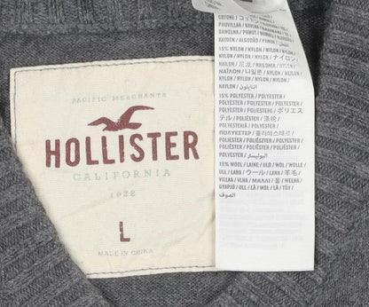 Hollister Men's Grey L V-Neck Logo Cotton Blend Pullover Jumper
