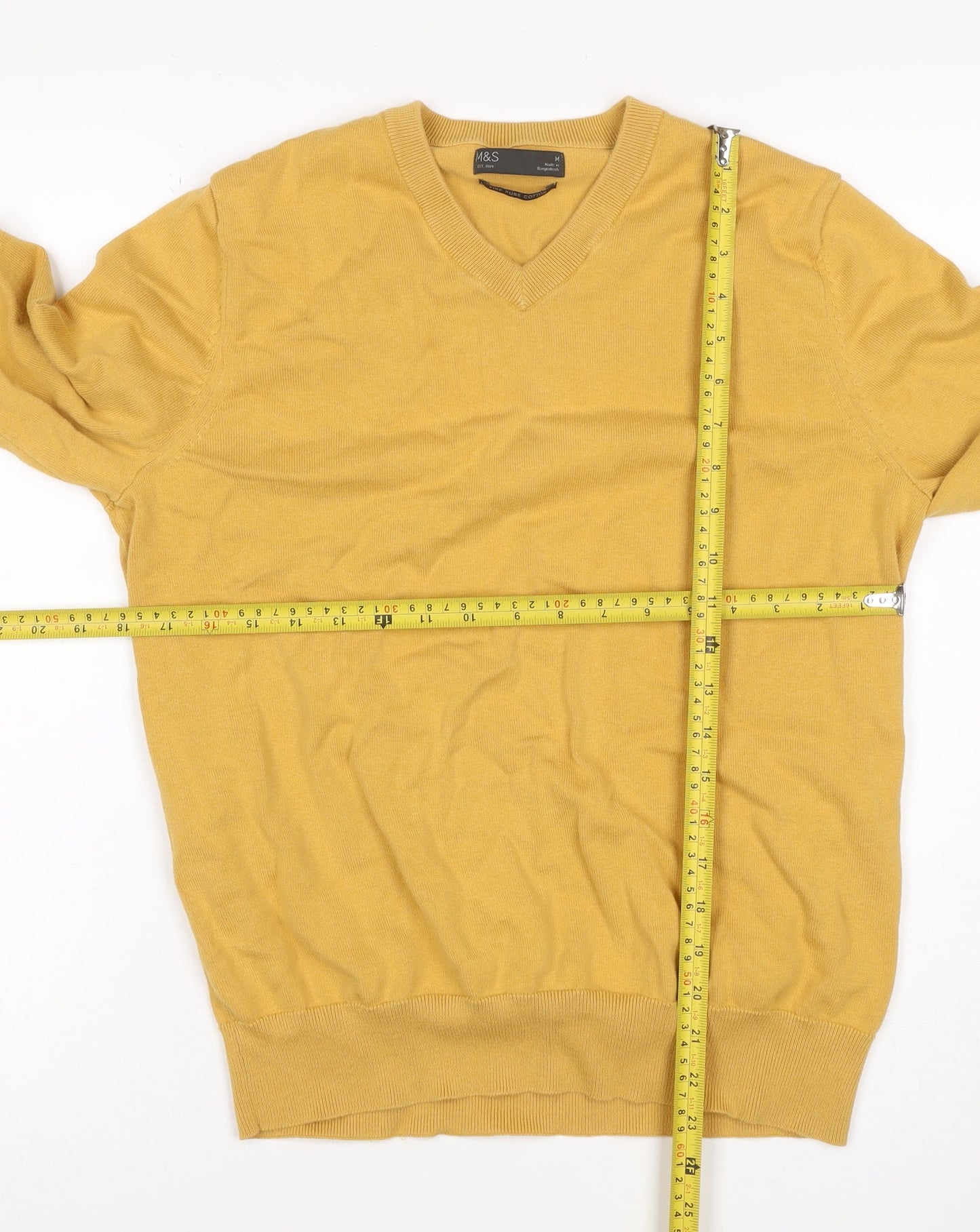 Marks and Spencer Men Yellow M V-Neck Pure Cotton Pullover Jumper