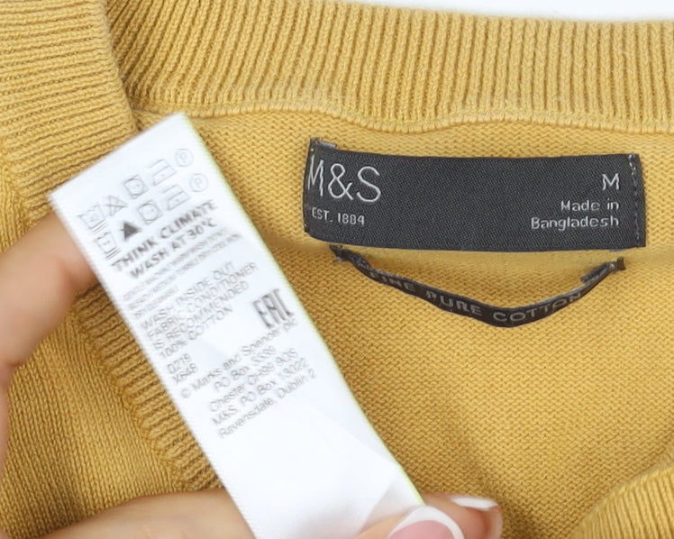 Marks and Spencer Men Yellow M V-Neck Pure Cotton Pullover Jumper
