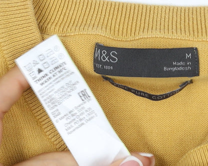 Marks and Spencer Men Yellow M V-Neck Pure Cotton Pullover Jumper