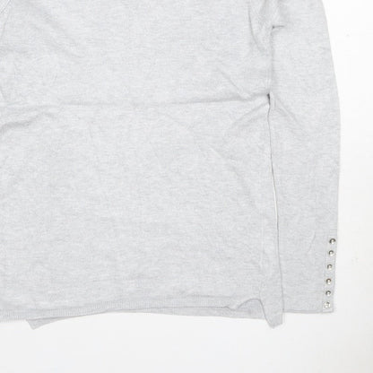 Zara Knit Women Grey M Crew Neck Button Cuff Long Sleeve Pullover Jumper