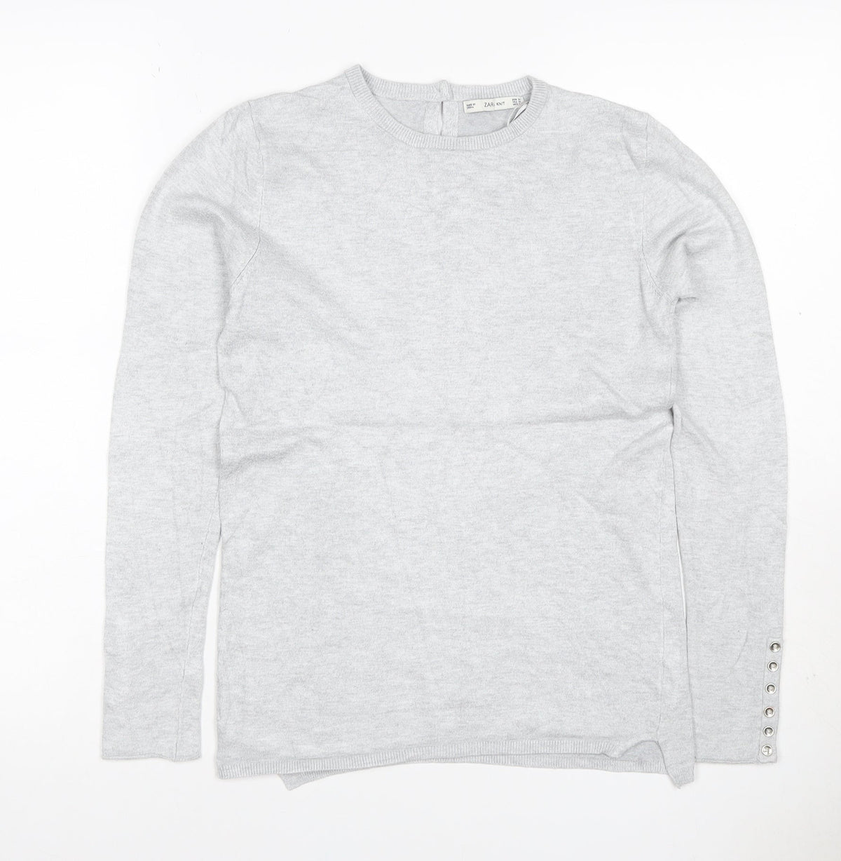 Zara Knit Women Grey M Crew Neck Button Cuff Long Sleeve Pullover Jumper