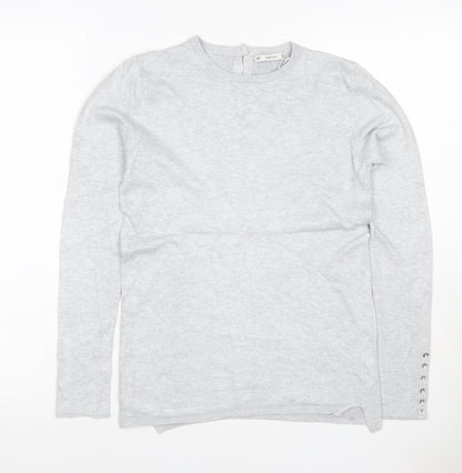Zara Knit Women Grey M Crew Neck Button Cuff Long Sleeve Pullover Jumper