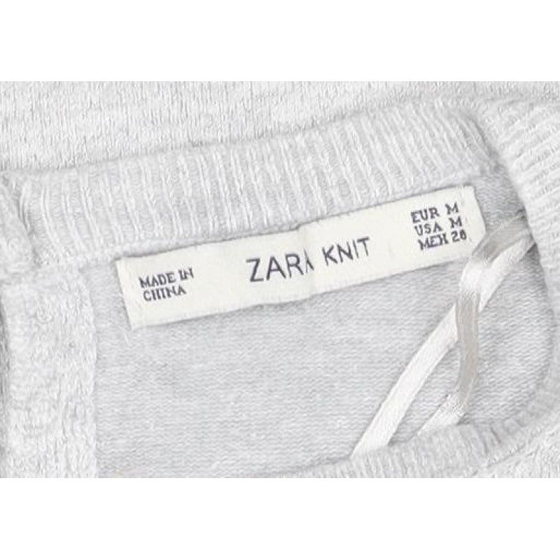 Zara Knit Women Grey M Crew Neck Button Cuff Long Sleeve Pullover Jumper