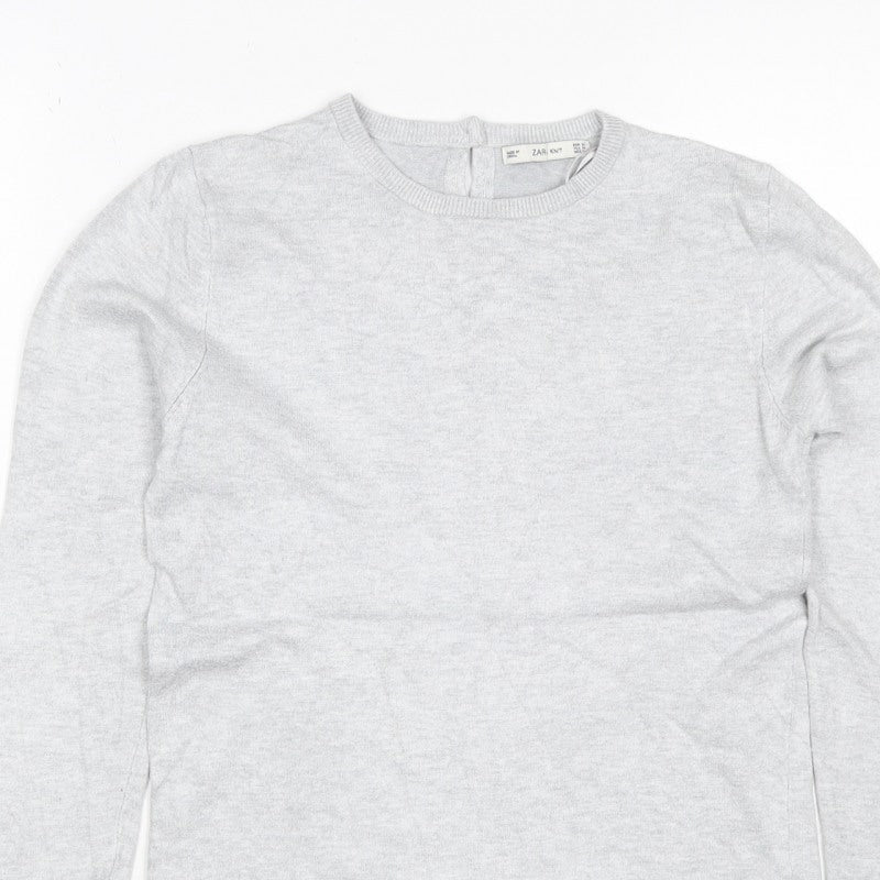 Zara Knit Women Grey M Crew Neck Button Cuff Long Sleeve Pullover Jumper