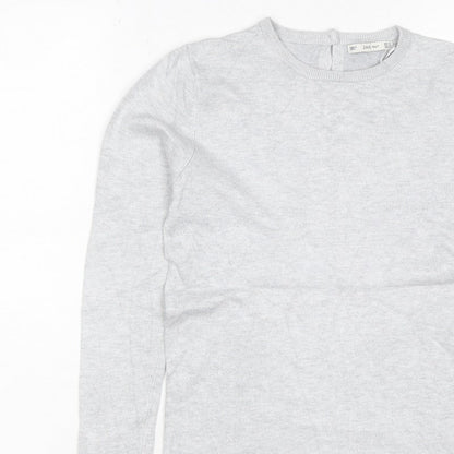 Zara Knit Women Grey M Crew Neck Button Cuff Long Sleeve Pullover Jumper