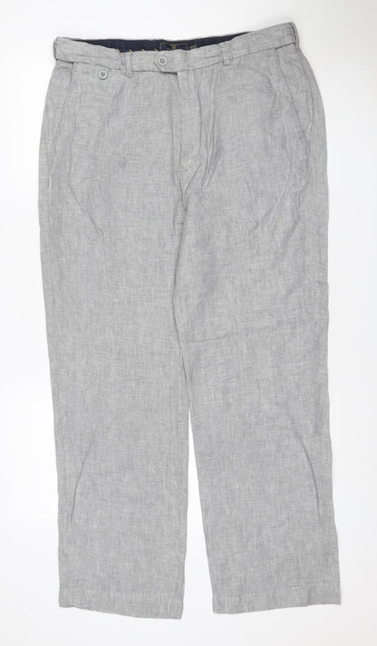 Marks and Spencer Men's Grey Linen 34in Straight Trousers 29in Leg
