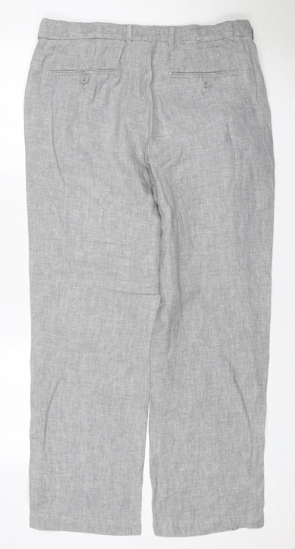 Marks and Spencer Men's Grey Linen 34in Straight Trousers 29in Leg