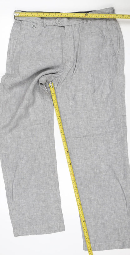 Marks and Spencer Men's Grey Linen 34in Straight Trousers 29in Leg