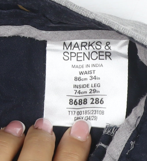 Marks and Spencer Men's Grey Linen 34in Straight Trousers 29in Leg