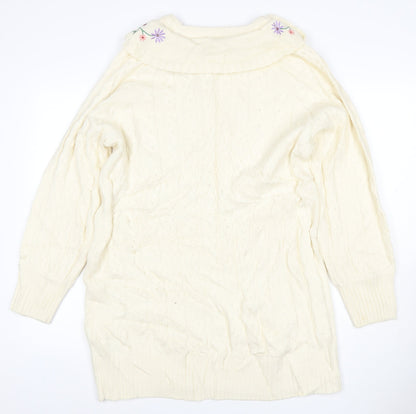 Neon Rose Women’s Ivory M Cable Knit Floral Embroidered Ruffle Jumper